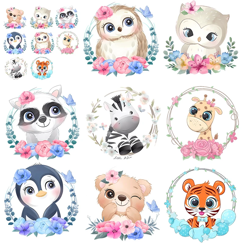 Cute Flower Animal Iron On Patches Set For Clothes Appliques Owl Tiger Parches Stripes Thermo Stickers On T Shirt Heat Transfers