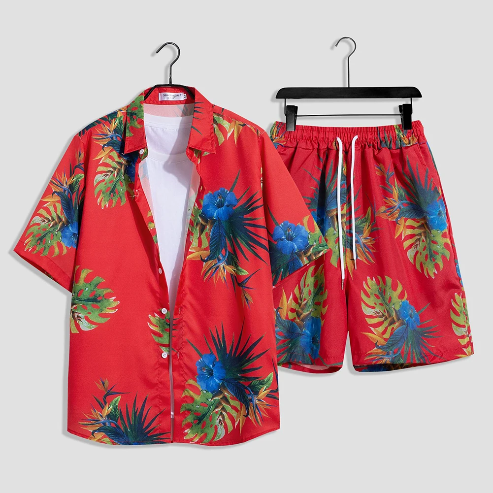 Fashionable For Summer Beach Hawaiian Beach Set 2 Piece Summer Outfit Daily Use Floral Printed Pattern Lapel Neckline