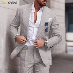 Classic Gray Linen Men Suit Beach Wedding Groomsman Fashion Outfits Homecoming Tailor-made Casual Slim Fit Blazer Pants 2 Pieces