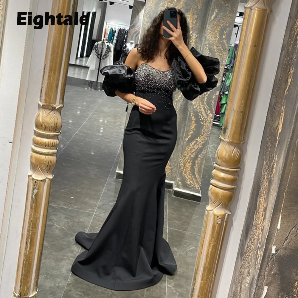 

Eightale Black Evening Dress for Wedding Party Satin Beaded Pearls Off the Shoulder Short Sleeves Mermaid Prom Gown Arabic Dress