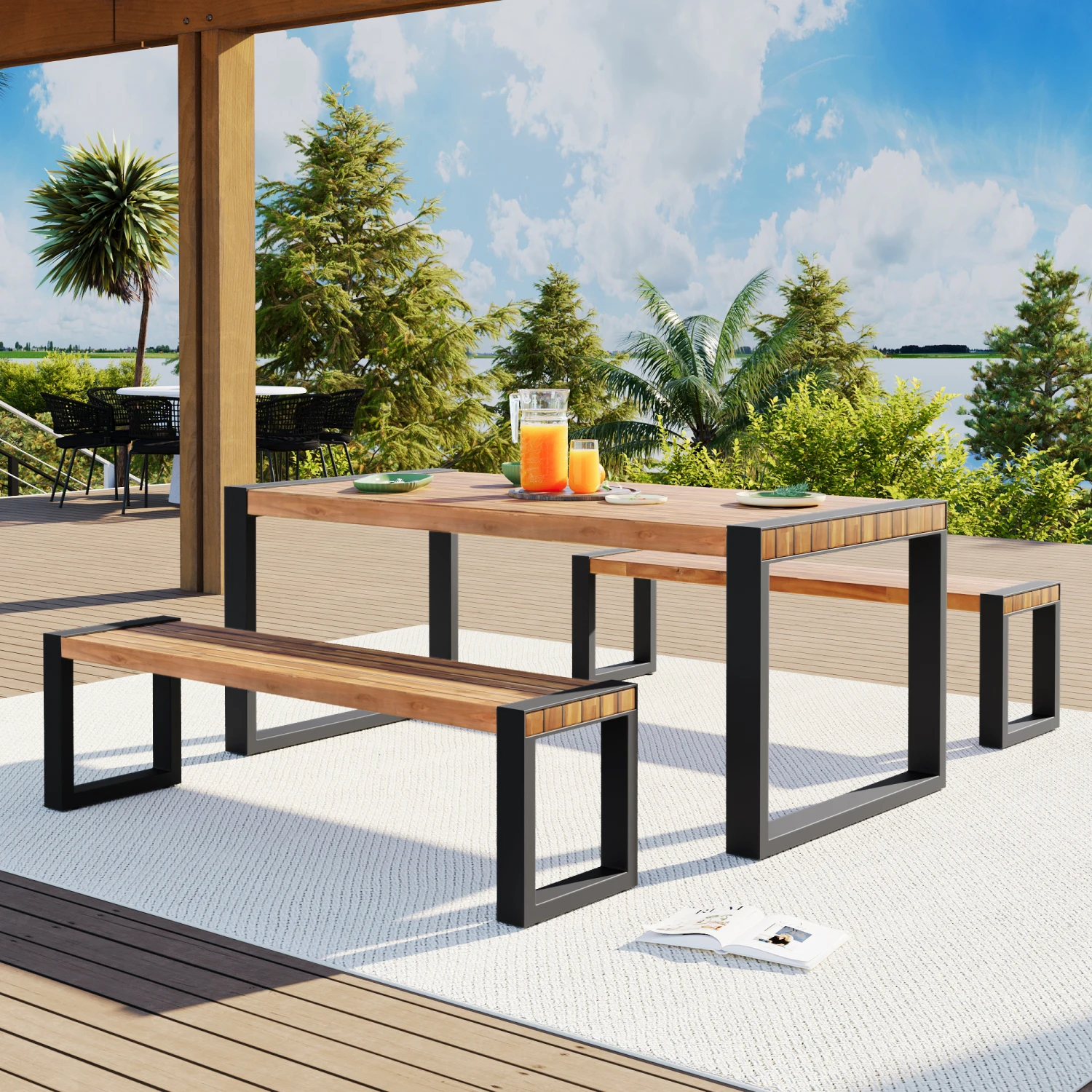 GO 3-pieces Outdoor Dining Table With 2 Benches, Patio Dining Set With Unique Top Texture, Acacia Wood Top & Steel Frame, All We