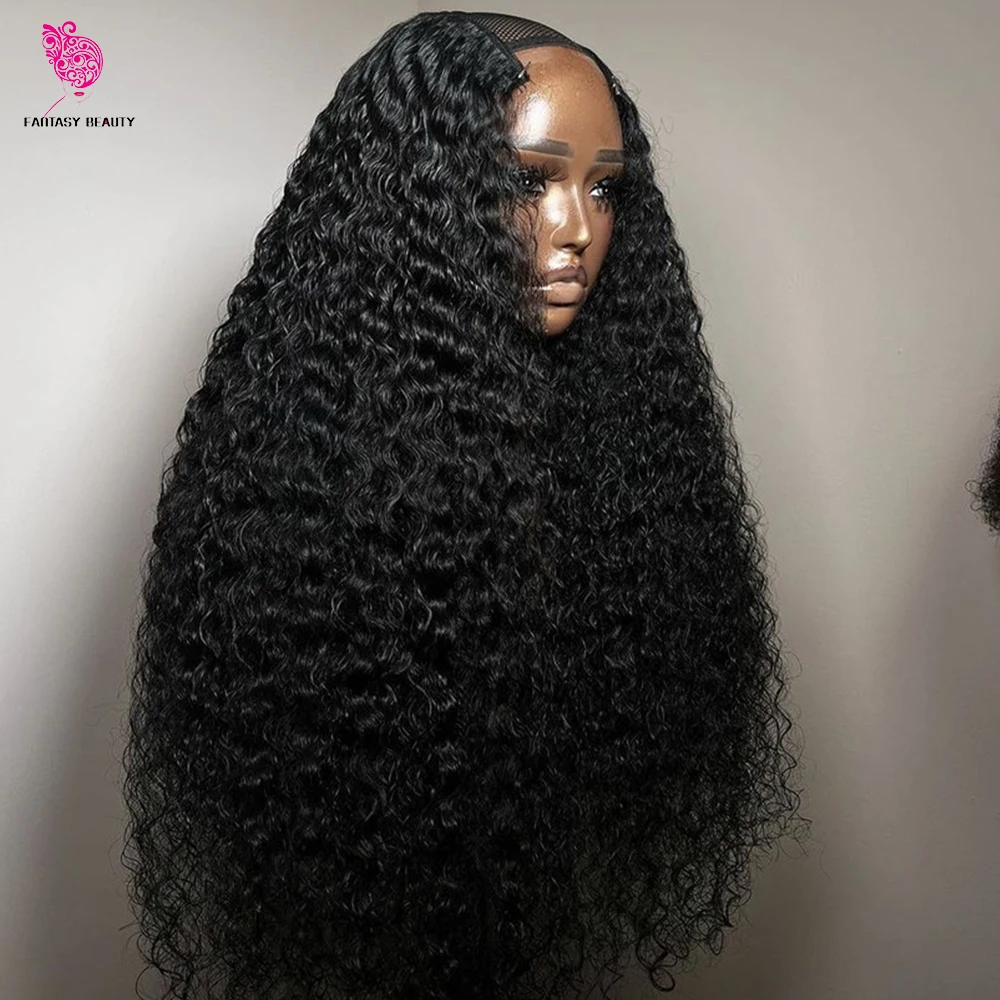 

Jet Black Dark Brown Kinky Curly V Part Wig Indian Remy 100% Human Hair Glueless Full U Shape Wigs No Leave Out High 250density