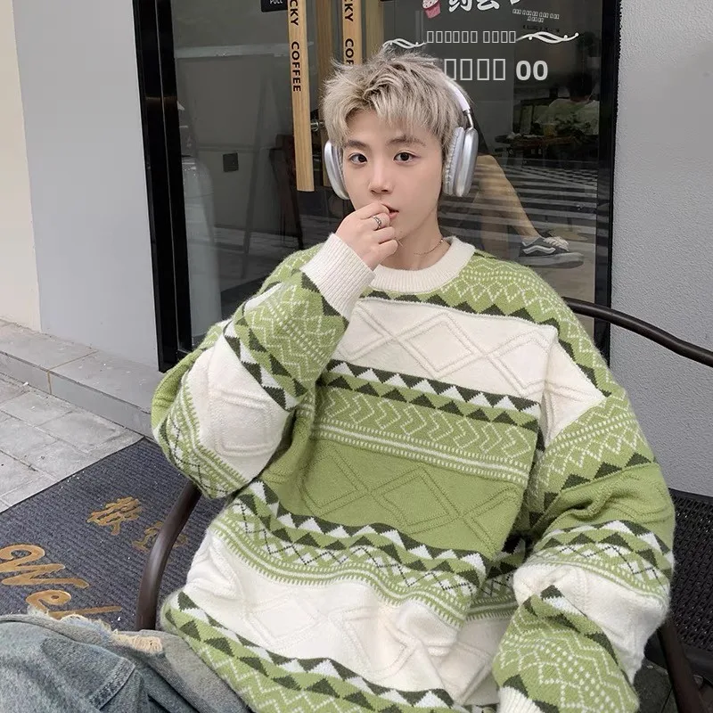 

Striped Patchwork Design round Ne Men's Knitwear Inner Wear Vintage Lazy Sle Japanese Autumn Winter Casual Long Sve Sw...