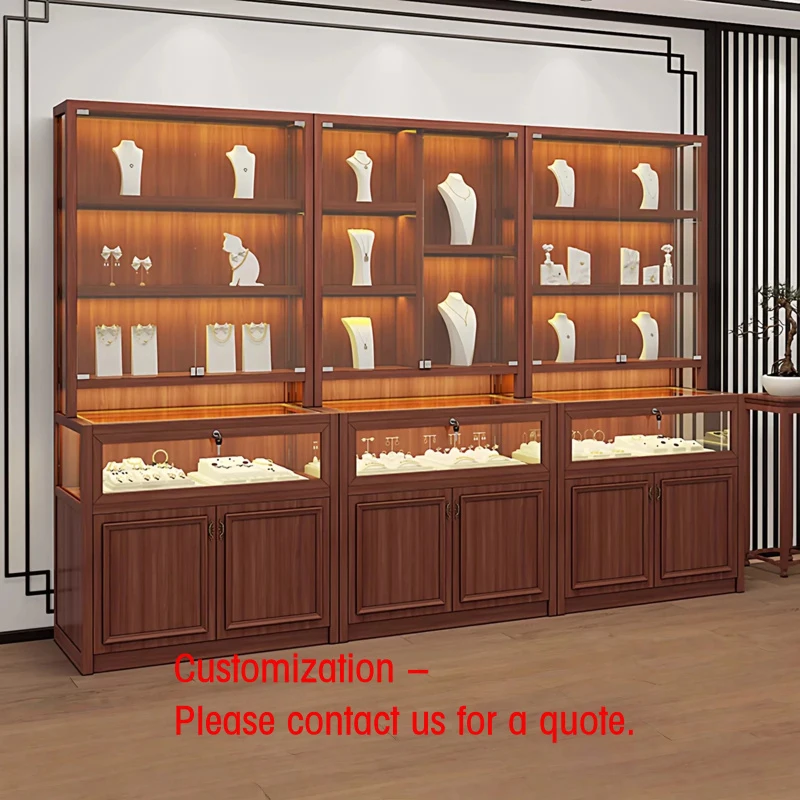 custom.Custom Luxury Jewelry Display Walnut Solid Wood Curio Cabinet LED Lighting Varnished Heavy Duty Ladder Shelf