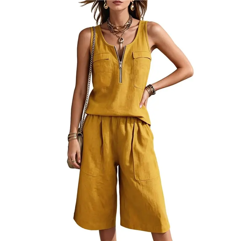 TEXU Women's Zip Front Sleeveless Top & Wide Leg Knee Length Short Two Piece Outfit Yellow M