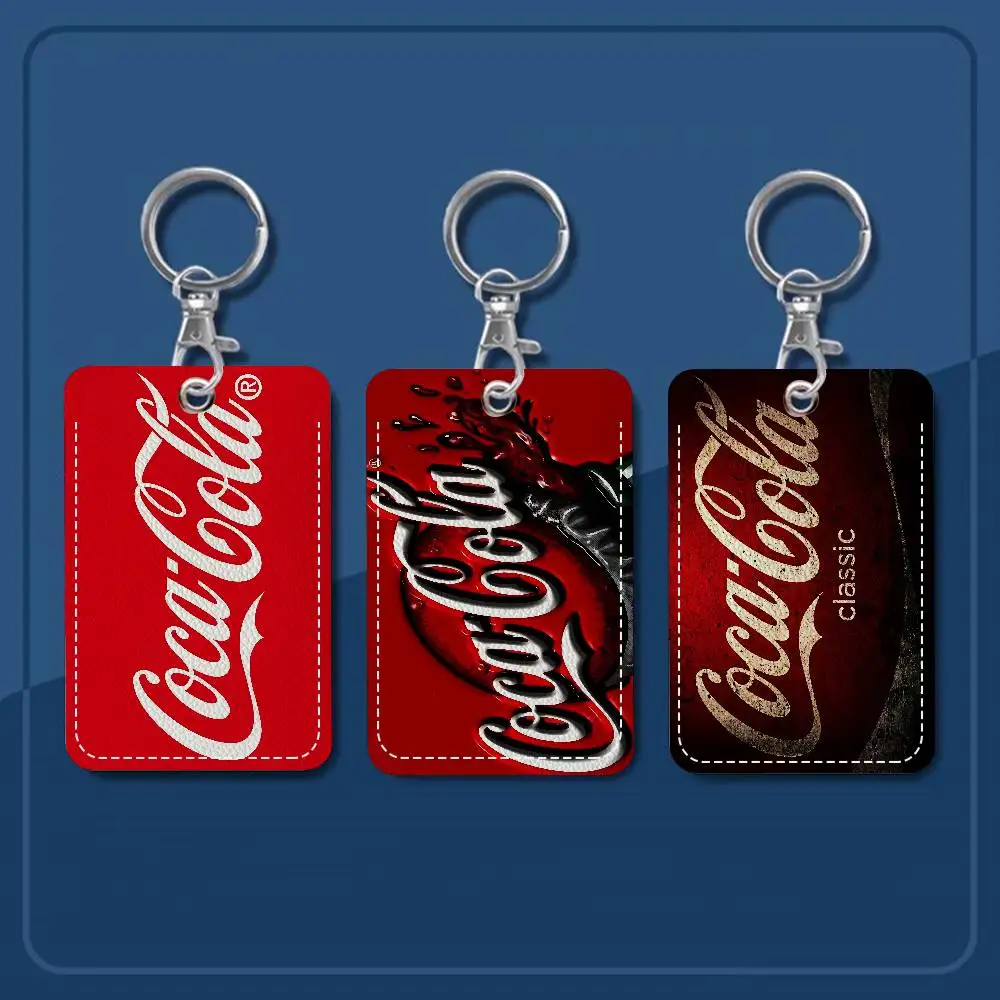C-Coca Cola 1Pc Access Card Case Leather Card Holder Keychain Key Ring Door Access Tags ID Card Case Keychain