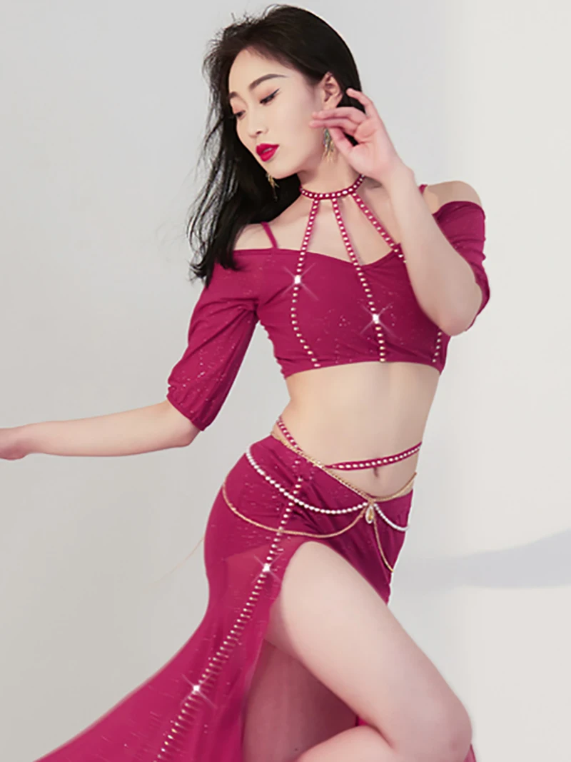 Belly Dance Suit Printing Mesh Top Short Sleeves Split Skirt Practice Clothes Set Female Hollow Out Elegant Performance Clothing