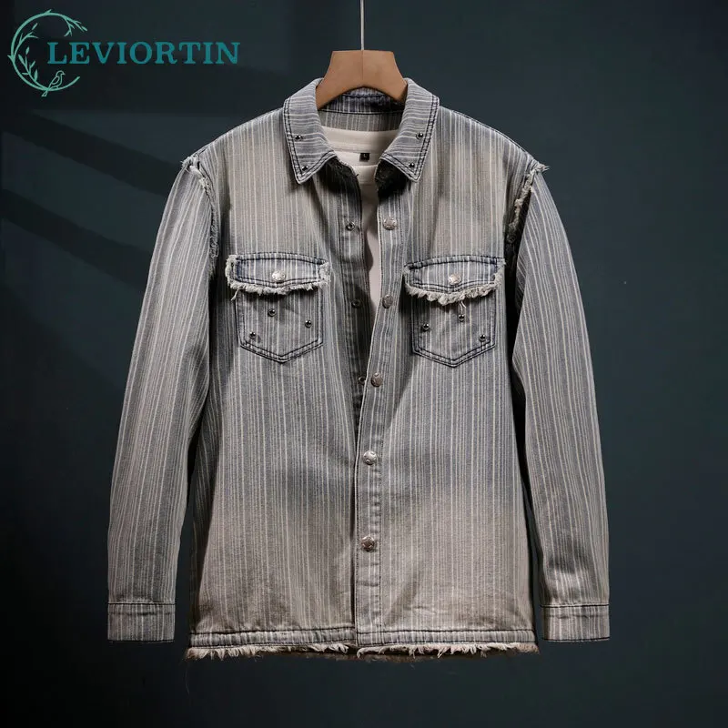 High Street Men's Denim Shirt Jacket Multi Pocket Spring Autumn Striped Wash Distressed Turn-Down Collar Casual Cargo Jacket