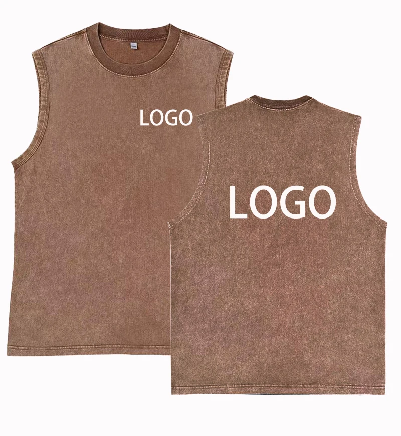 DIY Customise Your Brand Logo Vintage Washed Fabric 100% Cotton Crew Neck Vest High Quality Summer T-Shirt 5