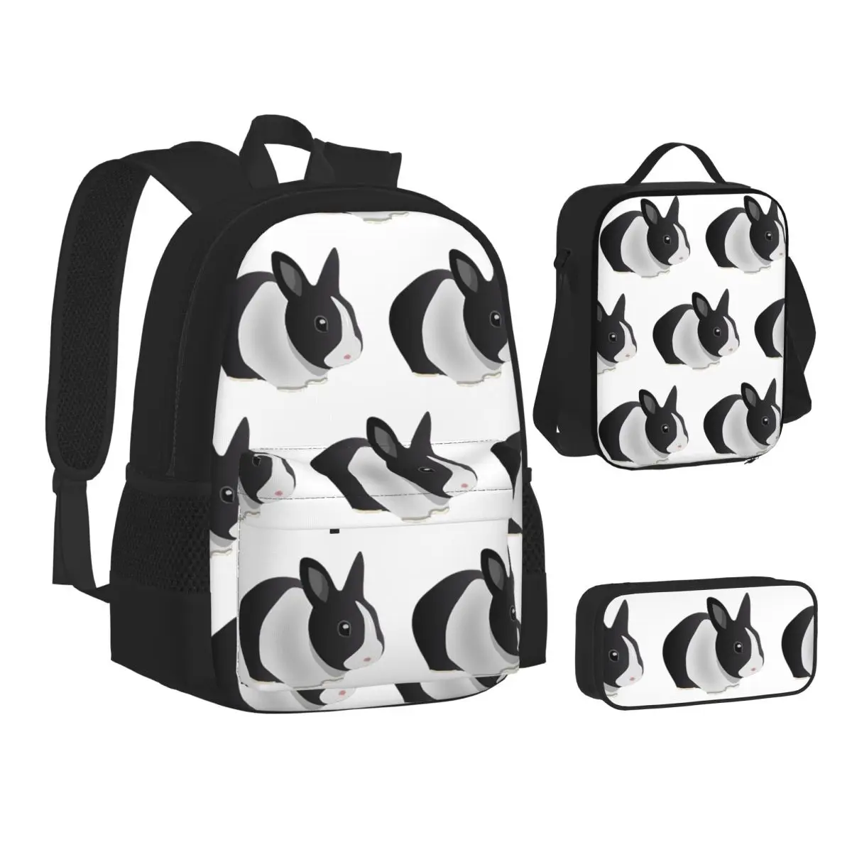 Dutch Black And White Rabbit Backpacks Boys Girls Bookbag School Bags Kids Rucksack Lunch Bag Pen Bag Three-Piece Set