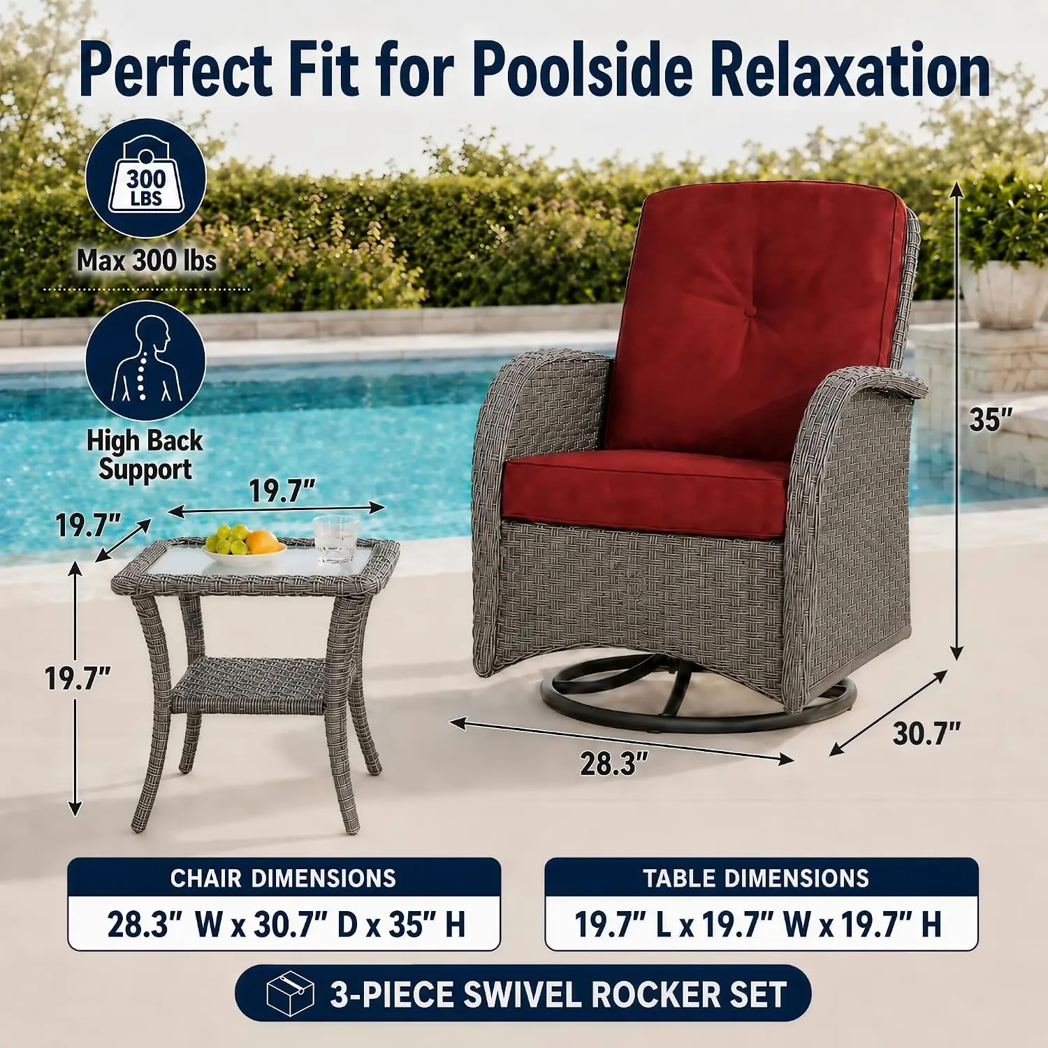 3-Piece Wicker Swivel Rocker Set with Glass Table, Rust-Resistant Frame, Water-Resistant Cushions, 360 Rotation, Customized