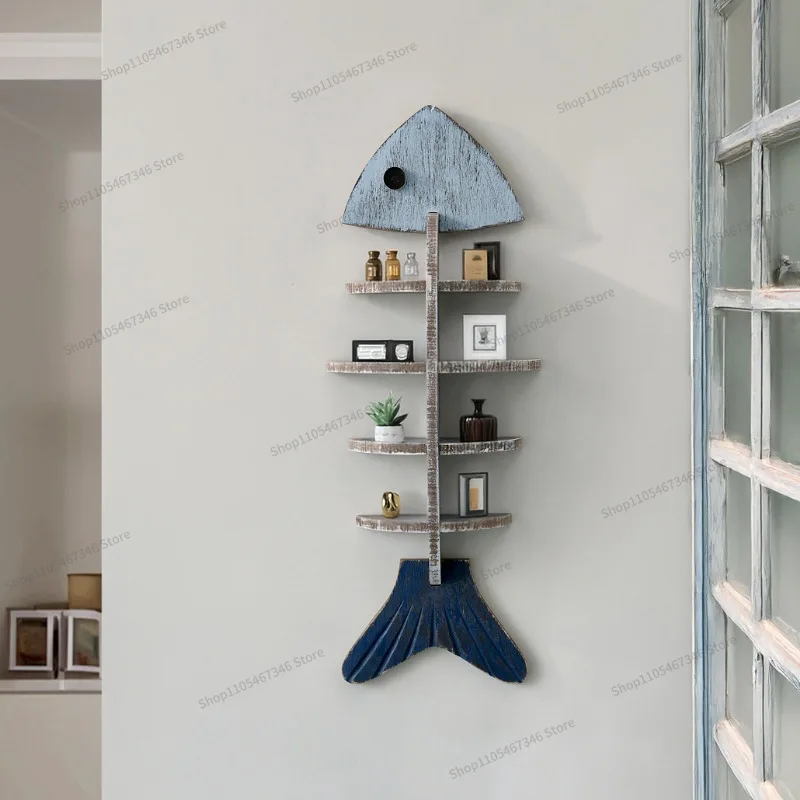 For Wall Wooden Fish Steak Shelf Cafe Living Room Decorative Pendant Wall Baffle Bookshelf