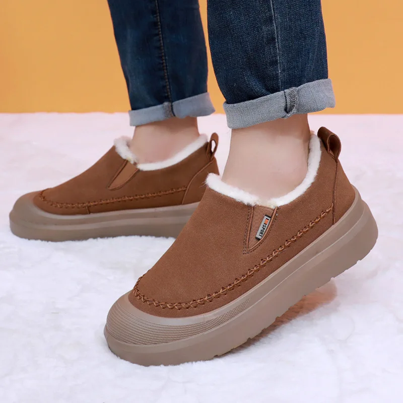 Men Winter Warm Fleece Lined Slip‑On Loafer Shoes Chunky Platform Sole Stitched‑Line Non‑Slip Warm Casual Cotton Shoes