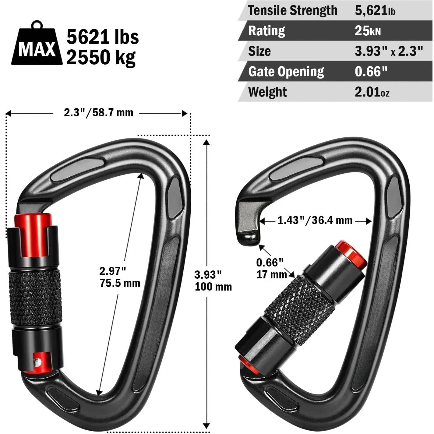 1/2Pcs Black Auto Locking Climbing Carabiner Clips, Twist Lock, and Heavy Duty Carabiners for Rappelling, Mountaineering