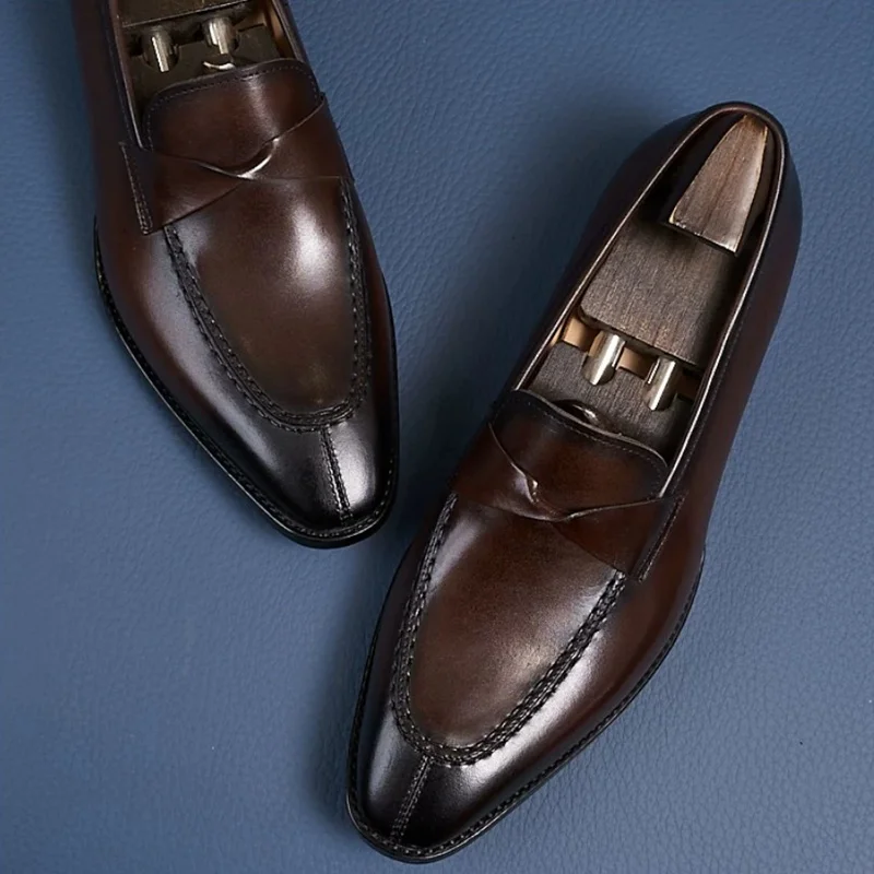 Italian Handmade Genuine Leather Men's Business Formal Leather Shoes Fashion Loafers Dress Shoes Retro Slip-on Men Shoes