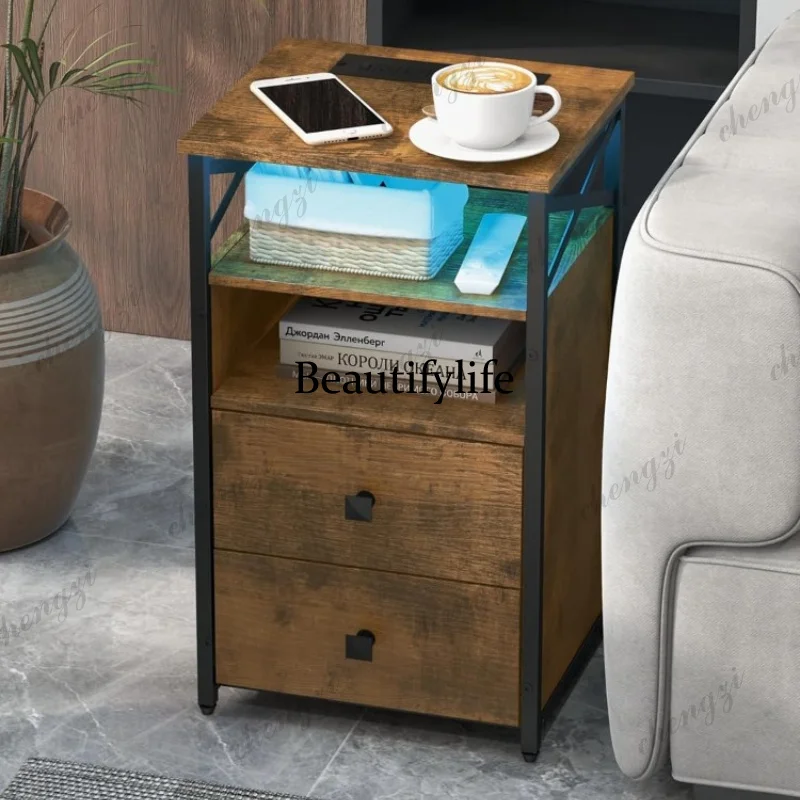 A68LED Nightstands with Wireless Charging Station and 2 Wood Drawers End Tables Living Room with USB and Outlets Bedroom Brown