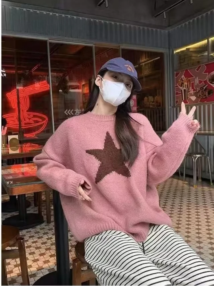 Stars Pattern Winter Women Knitted Sweaters Korean Fashion Loose Thick Warm Pullover Femme O Neck Vintage Casual Jumpers 2023