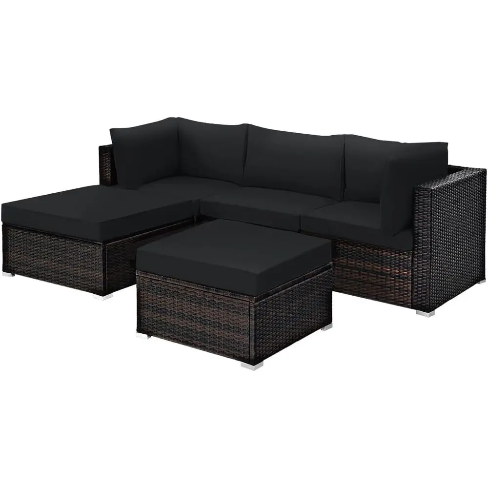 5-Piece Outdoor Patio Furniture Set with Side Table, Ottoman, Lounge Sofa, and Cushions, PE Rattan for Garden, Deck, Backyard (B