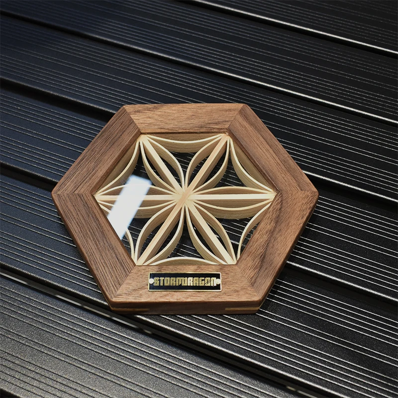 Camping wooden coasters, hexagonal wooden coasters, glass and solid wood splicing anti slip cup coasters