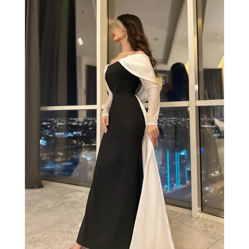 Indie customized Black Prom Gown Women Sequin Long Sleeve Off Shoulder Party Evening Dress Floor Length Formal Occasion Dresses