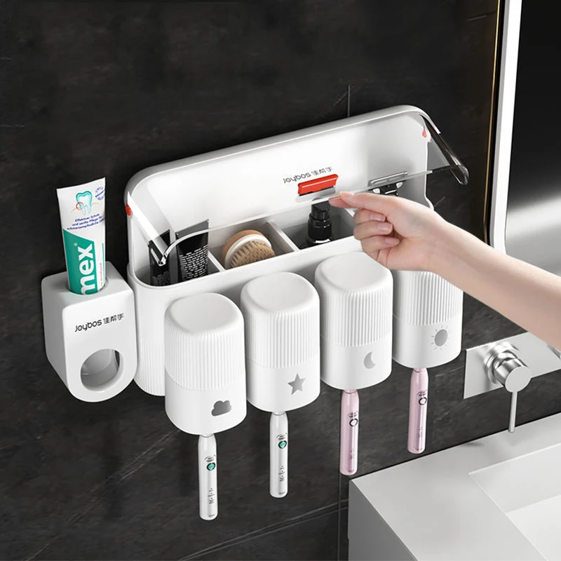 Plastic Multifunctional Free Punch Wall Toothbrush Storage Holder Toothpaste Squeezer Tooth Cup Rack Bathroom Toiletries Shelf