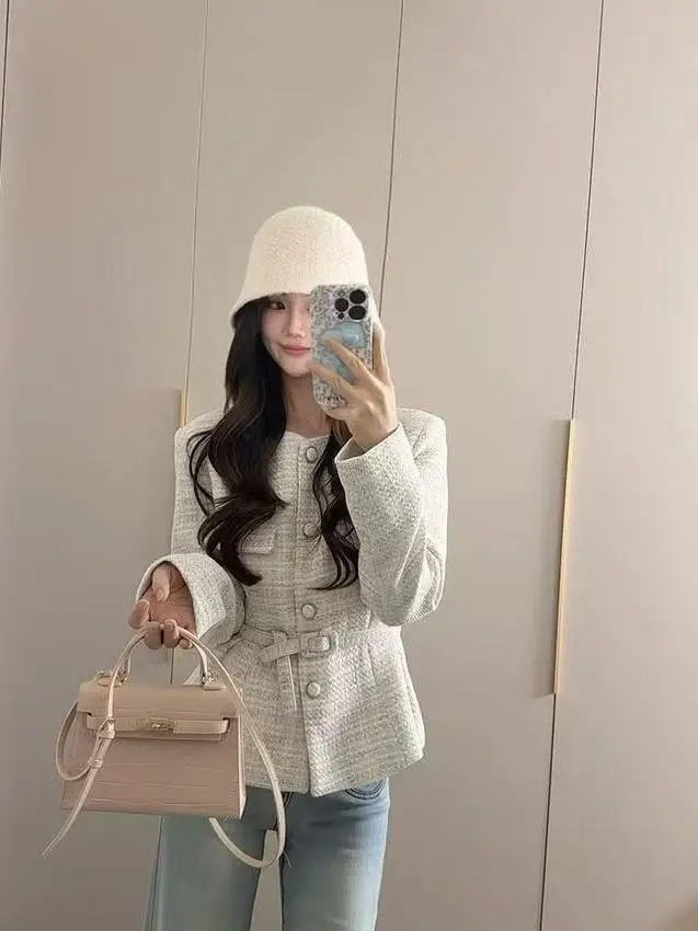  Knitted Short Coat Casual Texture Heavy Woolen Fabric Fragrant Style Women's Fashion Outerwear for Autumn And Winter