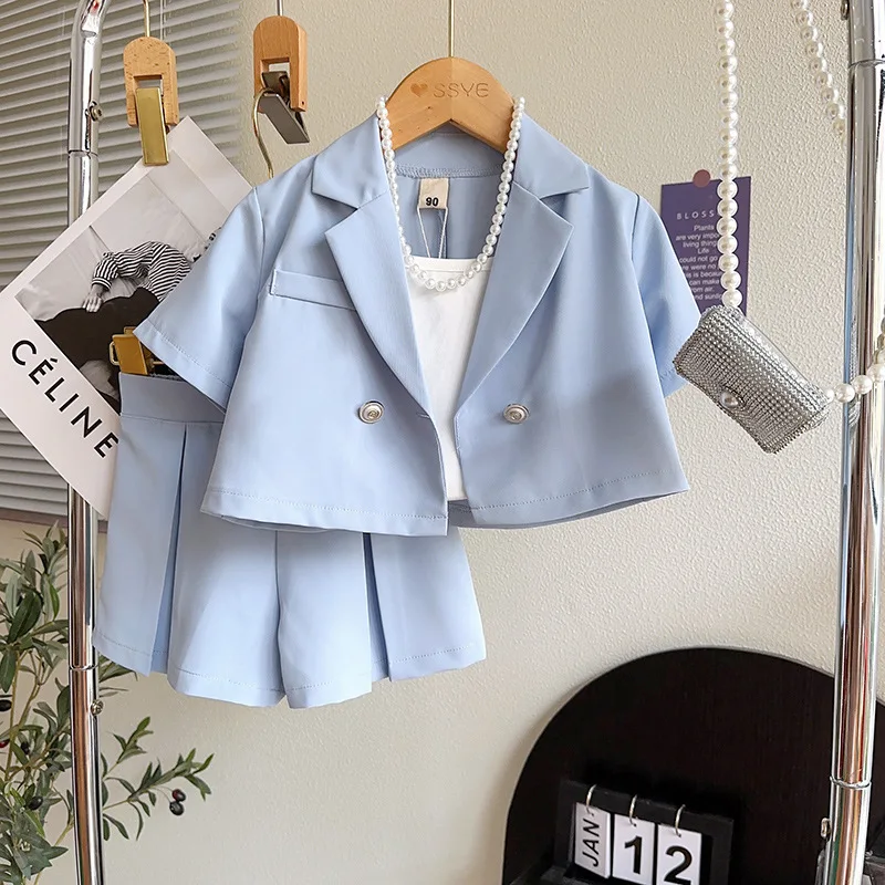 Summer New French Minority Three-Piece Suit Suit Jacket+Camisole+Girl's Wide Leg Shorts Suit-WSNY