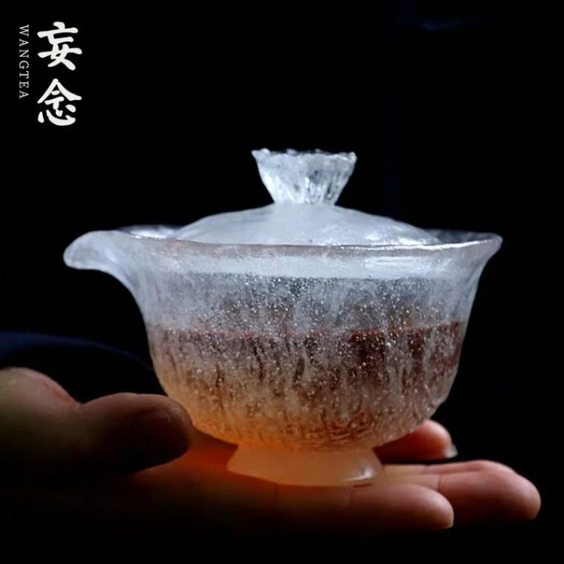 ★★Frozen Clear Glass Burning Texture Tureen Feeling Glass Hand-Held Tea Bowl Tea Brewing Bowl