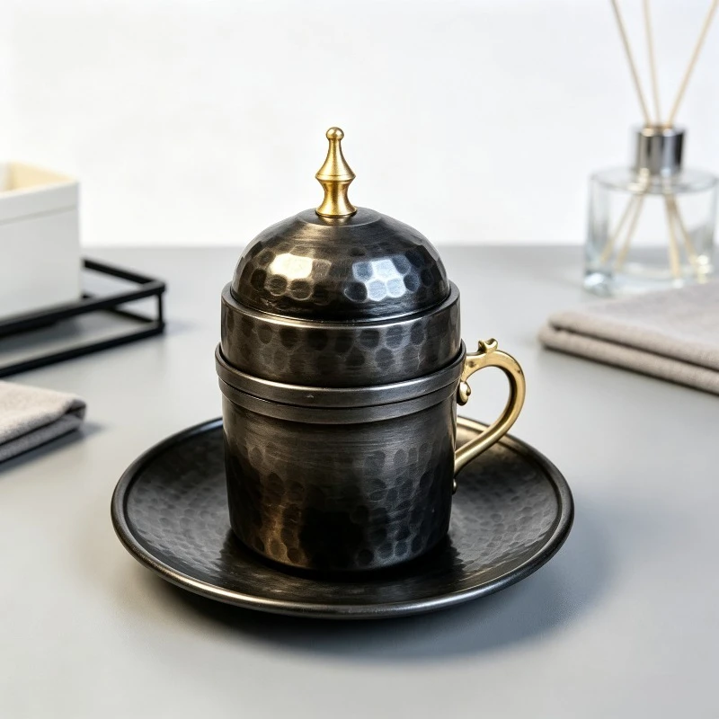 Handmade Solid Copper Turkish Coffee Mug Gift Set, Royal Hammered Black Espresso Cup with Enamel Decor, Premium Drinkware.