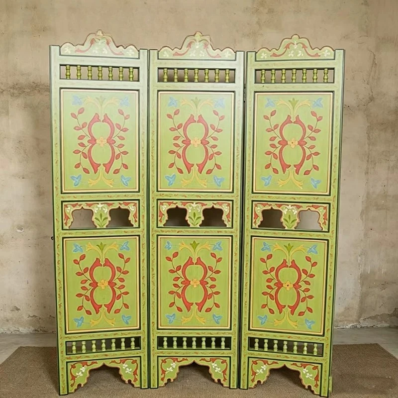 South East Asia Morocco Arabic style solid wood carving painted hand painted folding screen