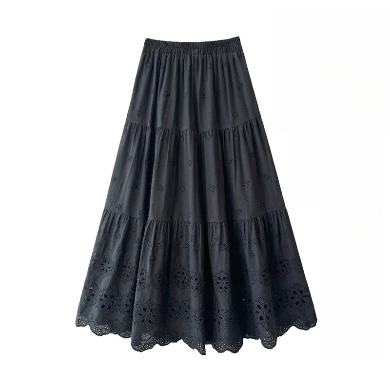 

Japanese Style Versatile Lightweight Casual Skirt Spring Summer New Solid Color Patchwork Hollow Out Embroidered A Line Skirt