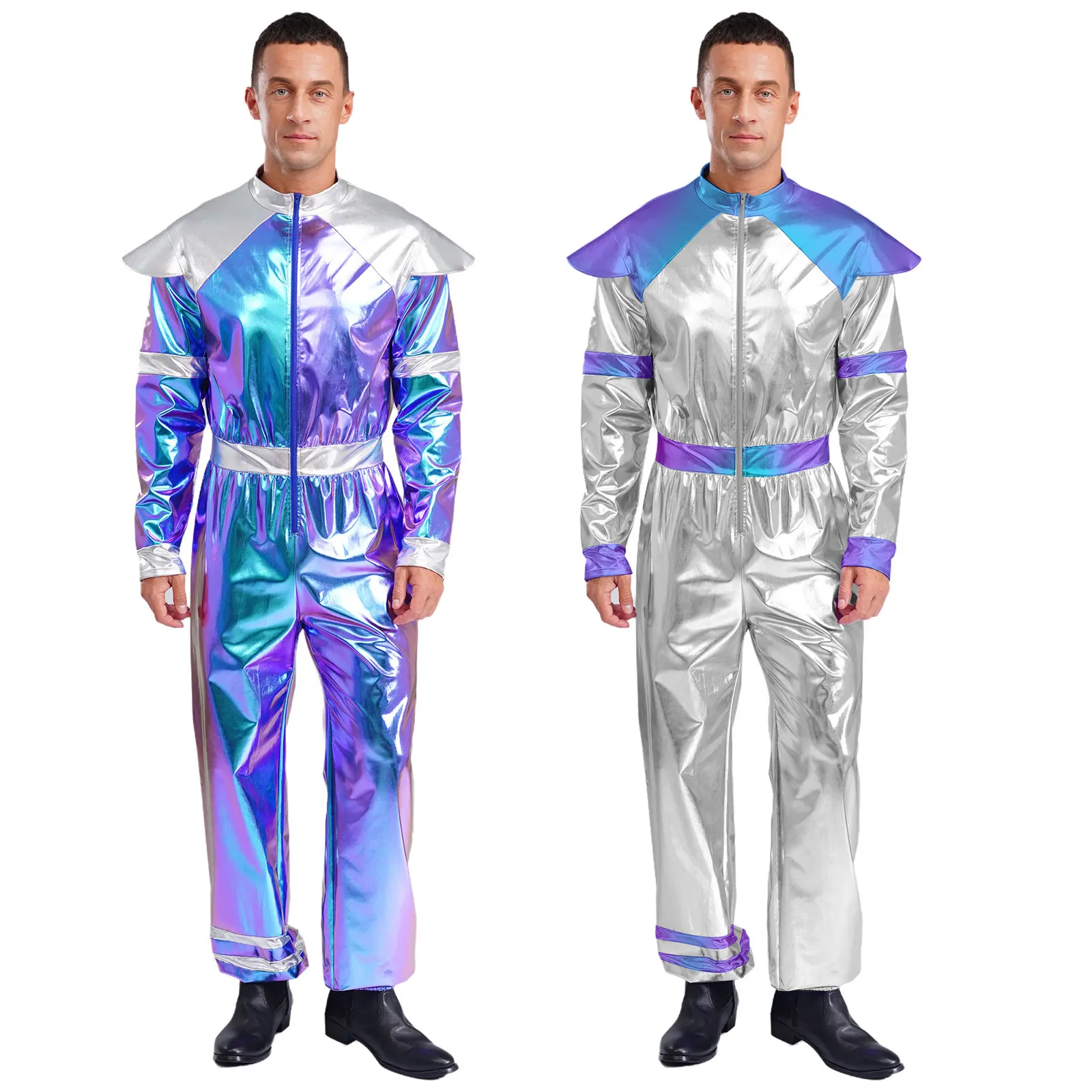 

Men Outer Space Alien Cosplay Costume One Piece Long Sleeves Shiny Metallic Jumpsuit Halloween Astronaut Robot Outfits Dress Up
