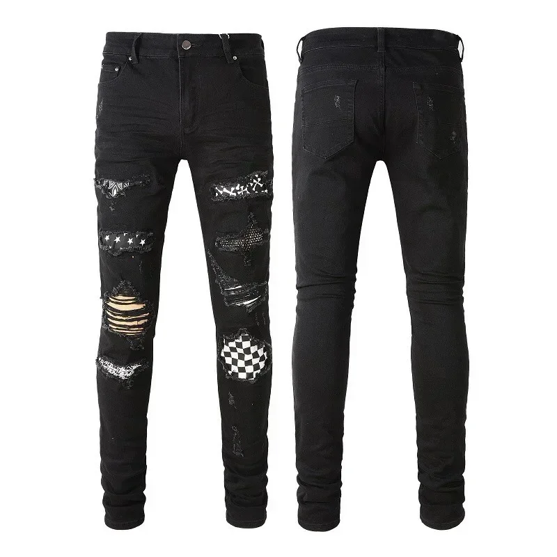 

Four Seasons New Fashion Men's Trendy Hole Skinny Color-coded Black Jeans Trousers Elastic Casual Fit Denim Pants Streetwear