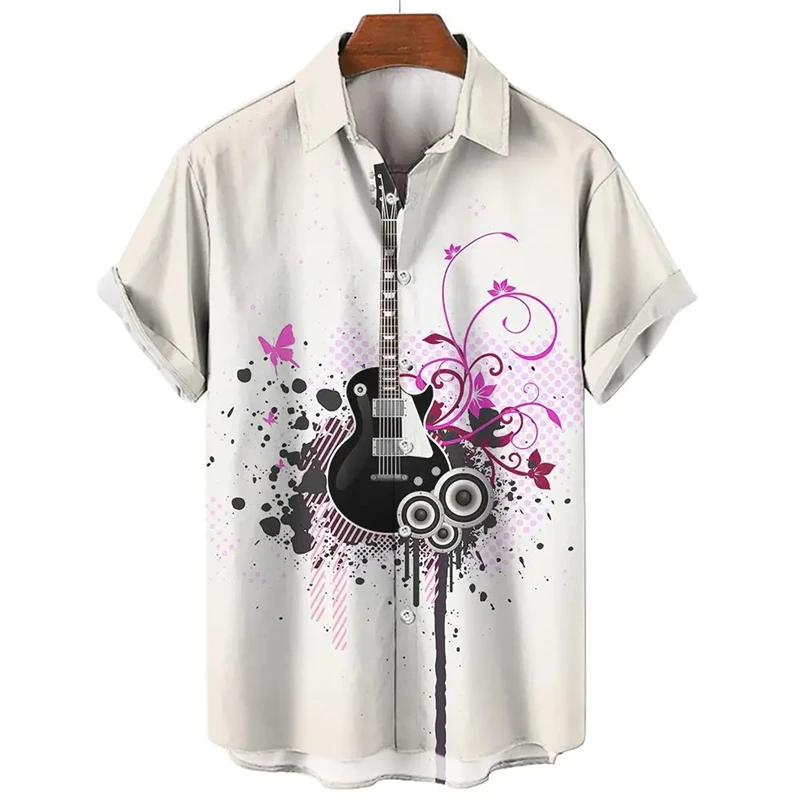 Colorful Musical Instrument Pattern Hawaiian Shirt For Men 3d Saxophone Guitar Print Beach Short Sleeve Casual Male Tops Blouse