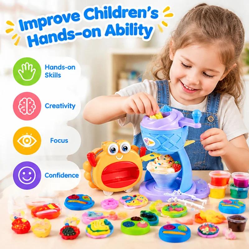 Play Dough Toys Series Ice Cream Maker Crab Barbecue Machine Color Clay Set Molds Kitchen Pretend Play Toys for Kids Ages 3+