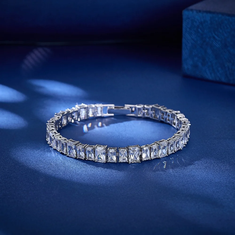 

All White Rectangular Zirconia Tennis Bracelet Elegant Full Coverage Sparkle Rhodium Women Bracelets