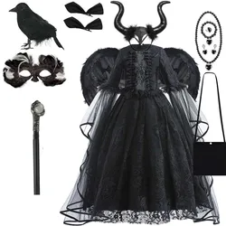 Disfraz de bruja malvada para niños, vestido de tutú negro para niñas, Cosplay de reina malvada, vestido de princesa de malla negra, Varita para niños