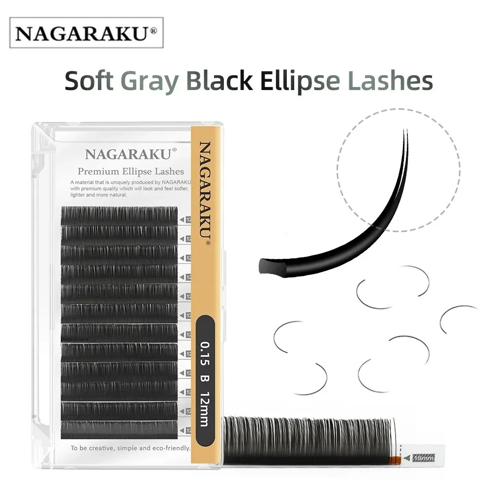 NAGARAKU Flat Ellipse Eyelashes Split Tips L Curl Lashes 0.15 0.20 Matte Gray Black Color Super Soft Natural Eyelash Extension