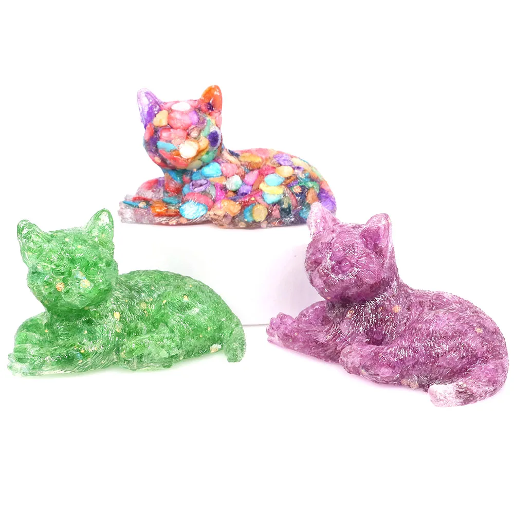 

Cat Statue Natural Crystal Resin Surrounded Gem Gravel Tumbled Reiki Healing Stones Crafts Animal Figurine Home Decoration Gifts