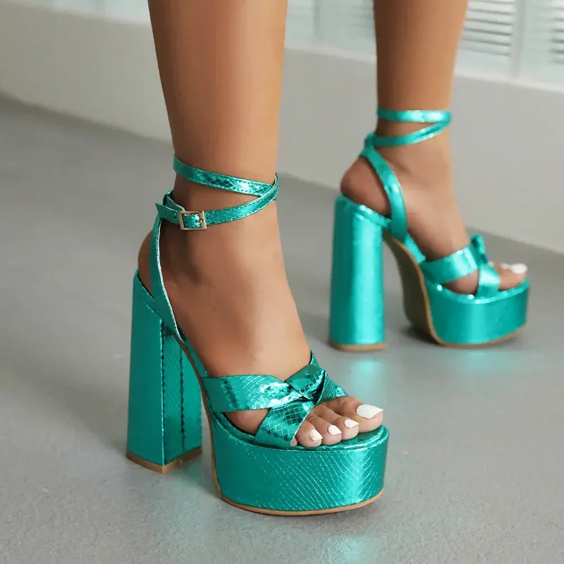 Shiny Summer Patent Leather Open Toe Sexy Womens Party Wedding Heels Shoes Ankle Cross-strap Blue Green Fashion Platform Sandals