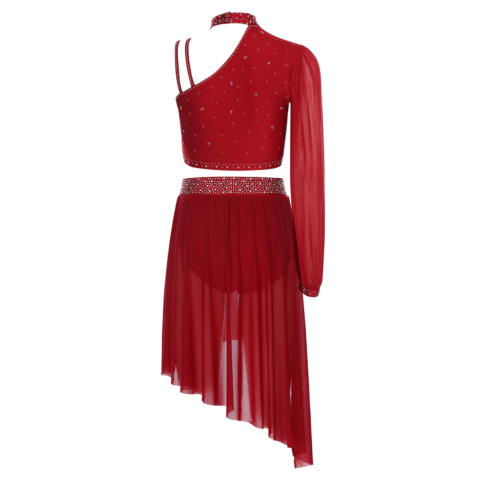 2 قطعة المرأة الحديثة الغنائية الرقص الزي غير المتكافئة كم المحاصيل الأعلى عالية الخصر ملخصات السراويل تنورة شيفون ملابس رقص اللاتينية