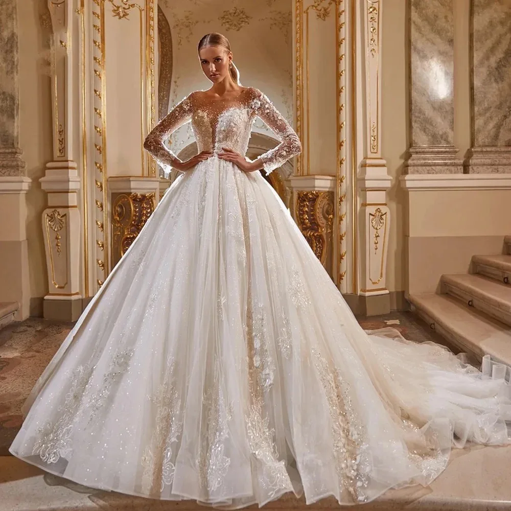 Illusion Neck Long Sleeve Wedding Dress Beaded Lace Sparkly Tulle Ball Gown Bridal Gown Custom Made Wedding Gown With Cathedral
