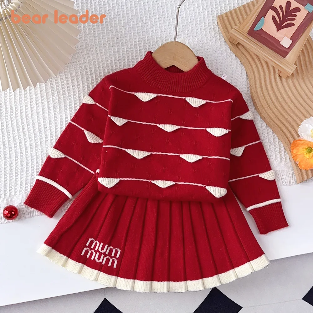 Bear Leader Autumn Winter Striped Color Blocked Knitted Sweater+Pleated Skirt 2-piece Set Red Christmas New Year Girl Clothes