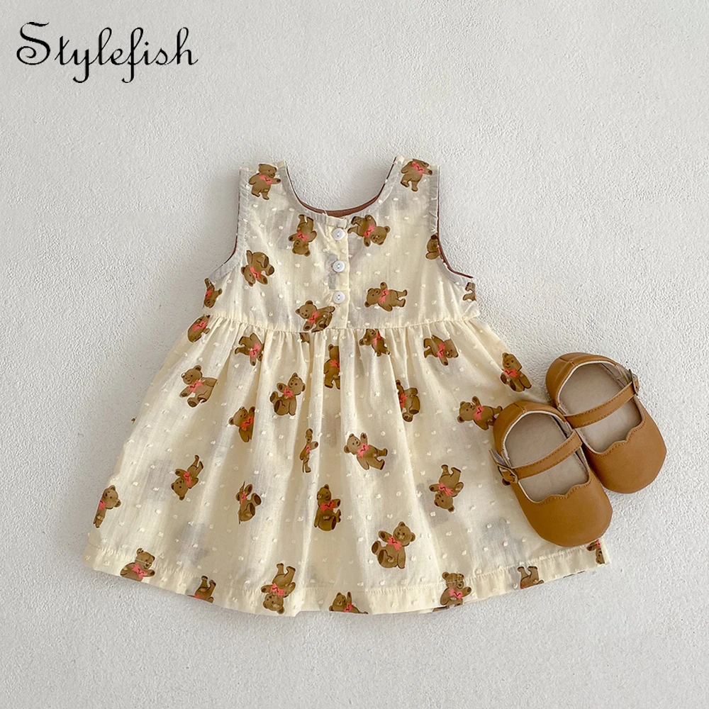 Ins 2023 summer baby girl baby cotton bear print cut craft vest small long skirt