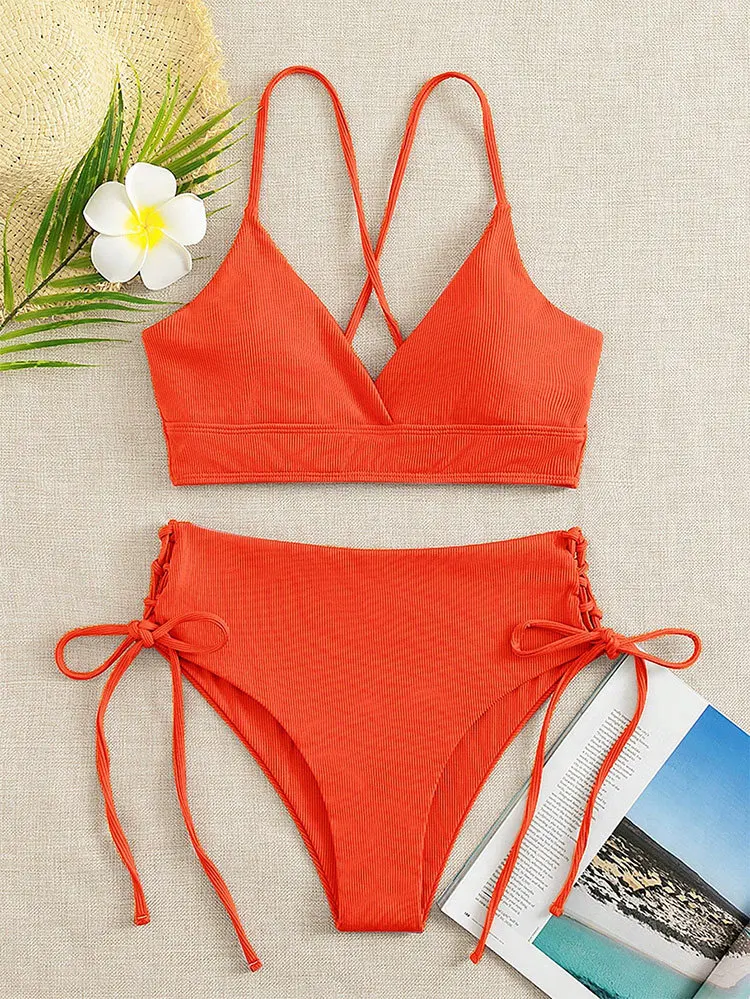 V-Neck Split Bikini Set for Women, Sexy Swimsuit, Lace Up, Triangular Bikinis, Solid Color, Beach Swimwear, Bathing Suit
