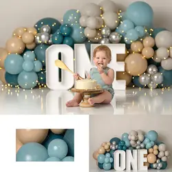 Teal Large ONE Birthday Backdrop Balloon Arch Kids Baby Cake Smash Photography Props Boys 1st Birthday Party Backgrounds