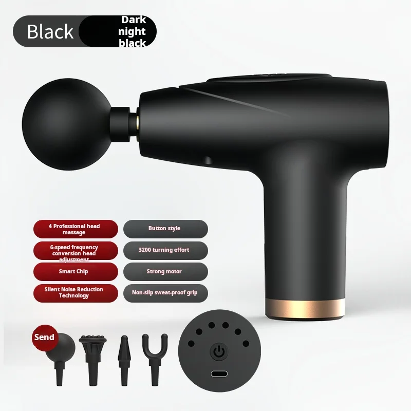 Black 4-Head Mini Fascia Gun Multi-Stage Massage Gun Muscle Relaxation Massage Equipment Portable Vibration Massager