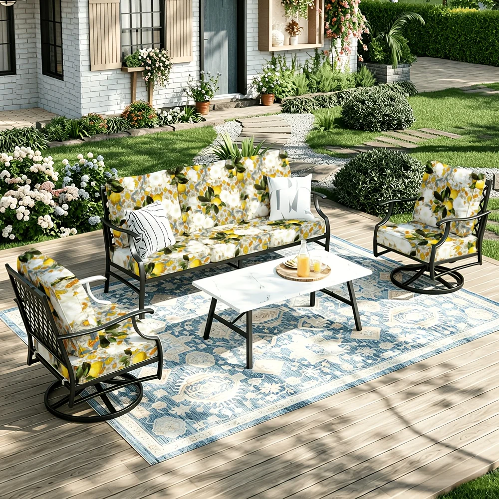 6/8pcs Lemon & Floral Outdoor Patio Sofa Cushion Cover, Removable Washable Patio Furniture Slipcover