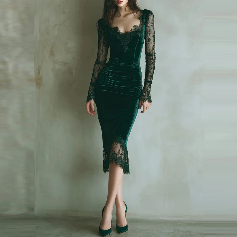 

High end velvet mesh see through sleeve dress with elegant hollow out slim fit evening gown lace square neck wrapped hip dress