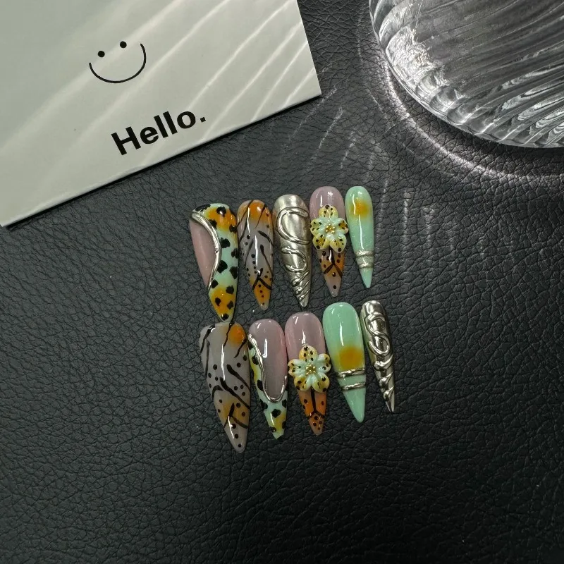 

10 шт., металлические хромированные ногти ручной работы, стильные ногти на шпильках, 3D резной цветок, цветущий дизайн, европейские и американские накладные ногти